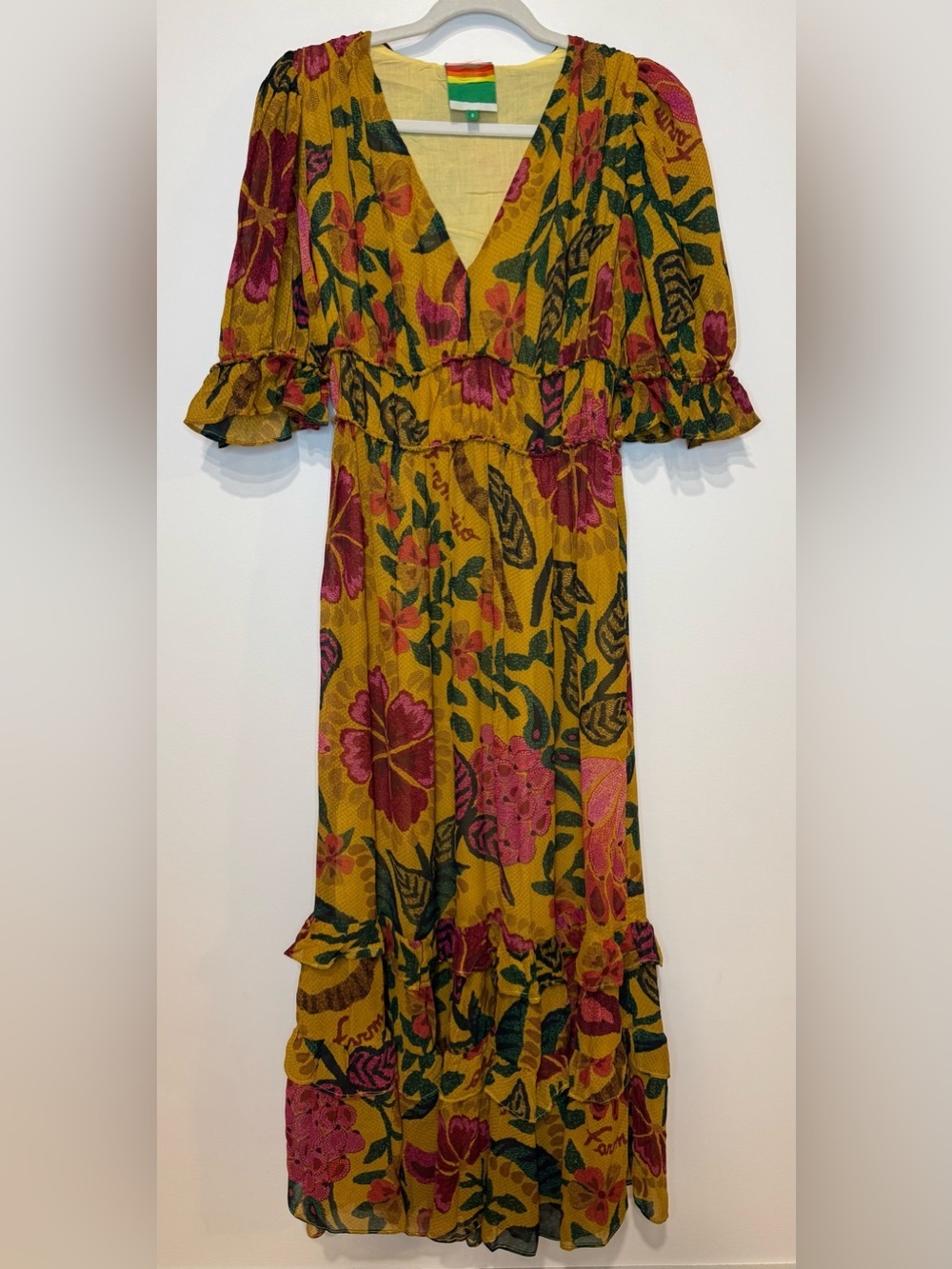 Farm Rio Yellow Macaw Forest Short Sleeve Floral Ruffle Maxi Dress Size S